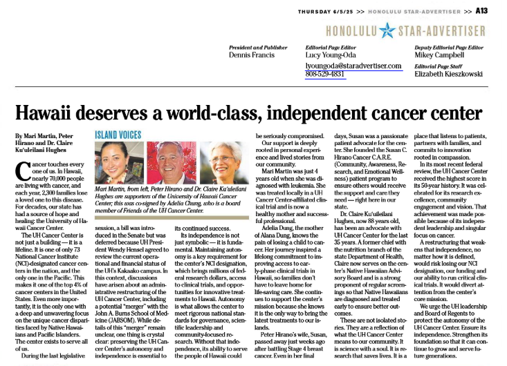 Image of the op-ed column written by UH Cancer Center supporters